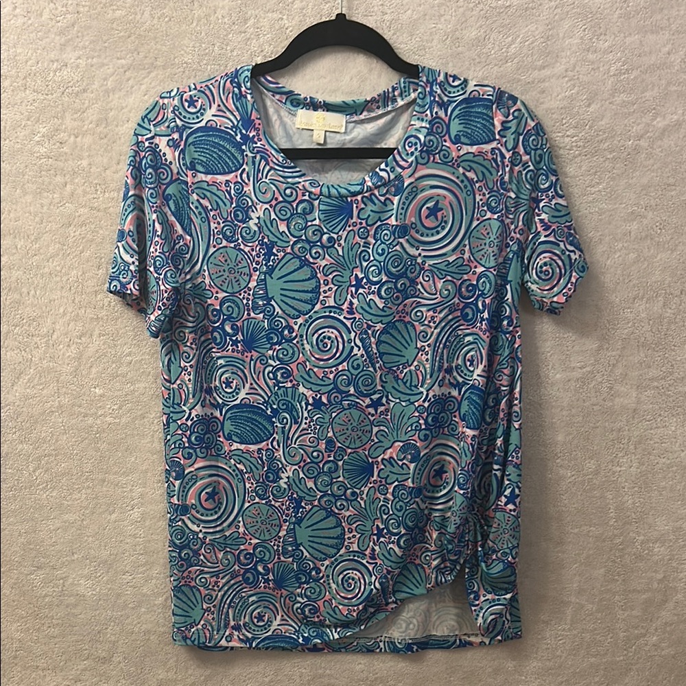 Simply Southern Seashell Print Blue and Pink Short Sleeve T-Shirt - Tie front